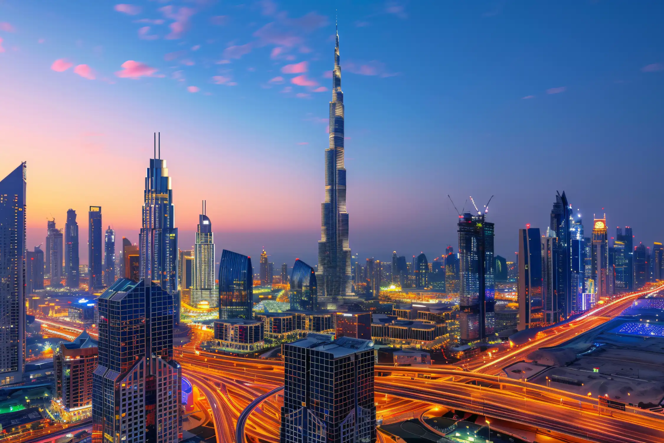 A vibrant Dubai scene, Burj Khalifa in the background.